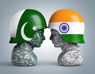 Two sculptures, representing opposing nations, face each other. Each wears a helmet denoting their national flag and symbolic of conflict