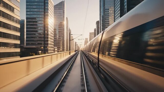 Silver bullet train speeding through cityscape.