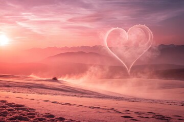 Heart shape made of smoke in a pink sky over mountains