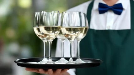 Waiter carries tray with three glasses of white wine at event in daytime