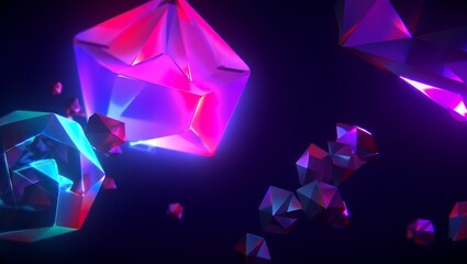 neon colored polygonal crystals floating in dark space