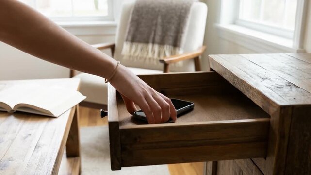 Wooden drawer opened by hand reveals smartphone inside cozy living room furniture with ancestral design promoting health and comfort organization