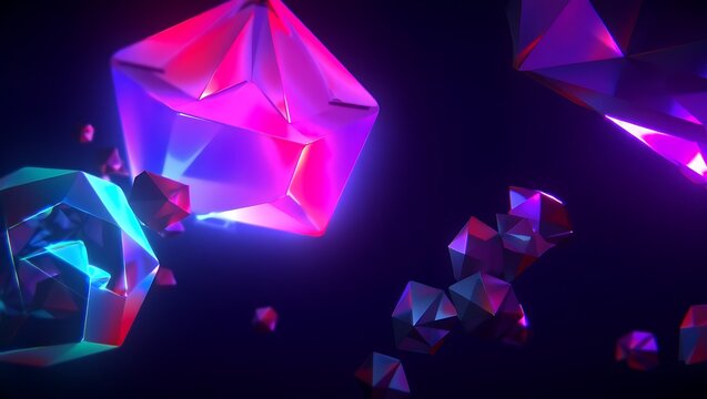 neon colored polygonal crystals floating in dark space - Powered by Adobe