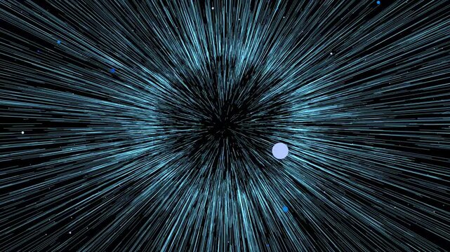 A vibrant blue kinetic explosion of light trails and particles radiating outward from a central point,simulating hyper-speed or a data "big bang."