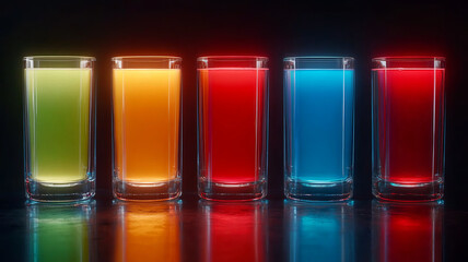 Colorful juice glasses glowing in row, vibrant neon lighting, modern bar style