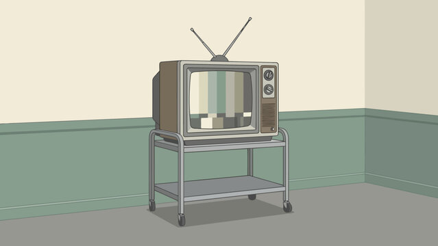 Vintage television on metal cart in simple room.