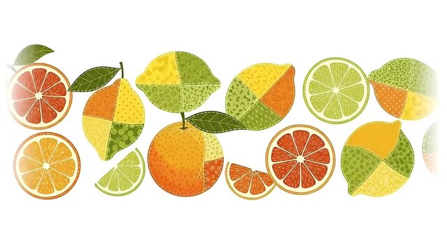Abstract Citrus Fruit Mosaic Border With Leaves Orange Lemon Lime Grapefruit