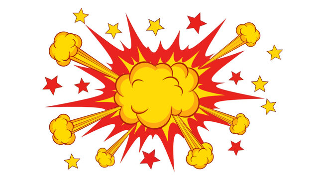 A dynamic comic-book style explosion bursts forth with a billowing yellow cloud center, surrounded by jagged red shockwaves, shooting puffs of smoke and scattered stars against a stark white backdrop