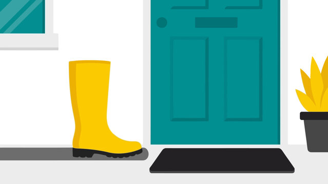 Yellow Rain Boot Beside Door in Modern Interior.