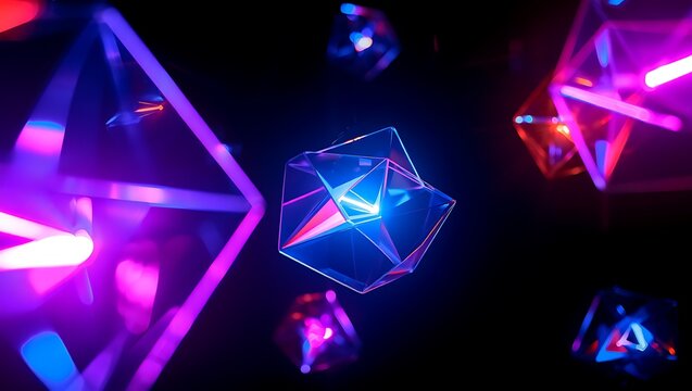 neonlit geometric shapes floating in dark space - Powered by Adobe