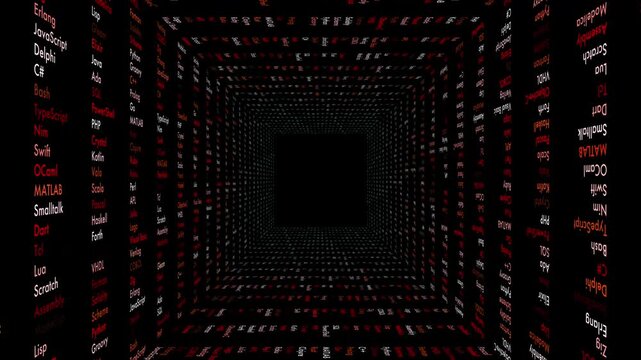 A first-person perspective "tunnel run" through a square corridor constructed entirely from the names of programming languages in red and white.