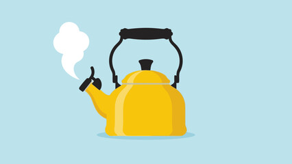 Bright yellow kettle with steam on light blue background.