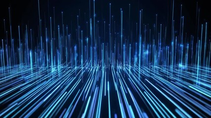 A futuristic digital landscape with glowing blue lines and lights emanating from a dark background viewed from a low angle. - Powered by Adobe