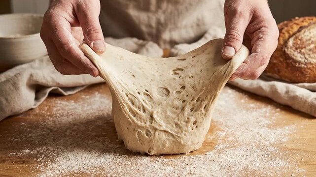 Ancestral bread dough stretched by hands on floured wooden surface showing natural baking approach promoting health and traditional bread preparation