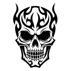 Fototapeta premium Stylized black and white skull with tribal flame patterns, depicting a fierce and edgy design.