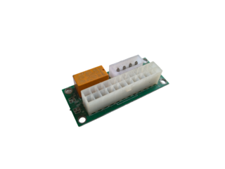 Electronic component with white connector and orange module on a green circuit board, isolated on a white background.