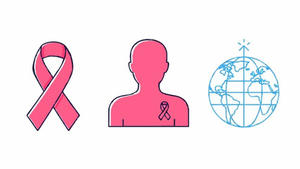 Breast Cancer Awareness Icons Ribbon, Person with Ribbon, and Globe symbolizing Global Fight against Disease