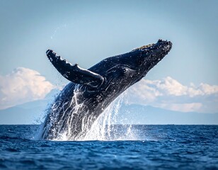Large humpback whale leaps high out of the sparkling ocean