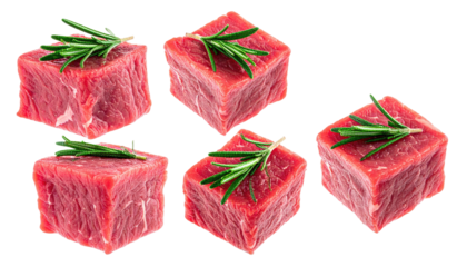 Cubed raw beef garnished with rosemary sprigs, isolated on black