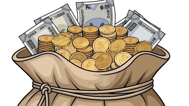 Bag Full Of Indian Rupees Coins And Notes With Rupee Symbol