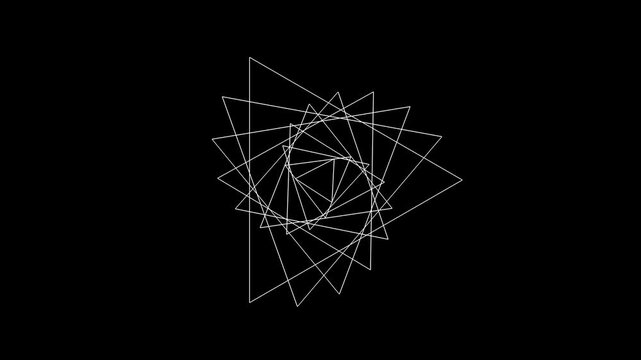 A minimalist geometric animation featuring white outlined triangles that rotate and scale, creating a hypnotic spiraling effect against a solid black background.