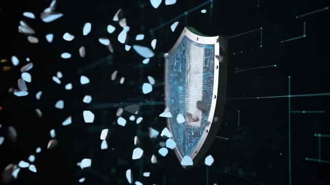A digital shield is shown with fragments breaking away, a concept of protection and security in cyberspace.