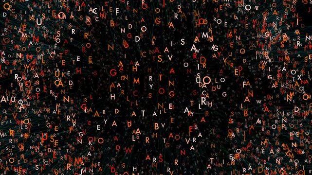A fast-paced "matrix-style" flight through a 3D field of floating orange and white letters and characters, interconnected by thin green and red lines.
