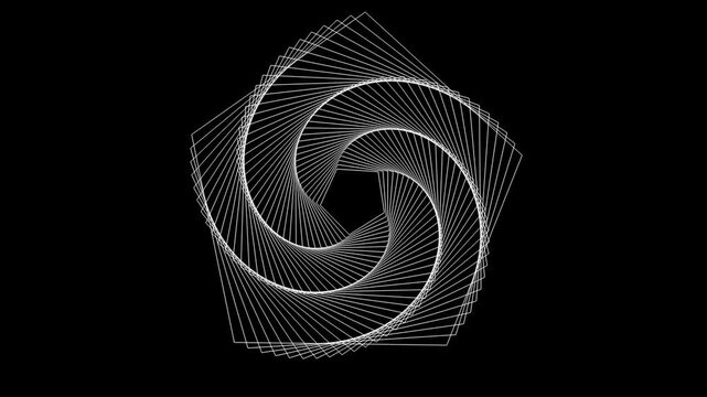An intricate geometric animation of overlapping pentagons that rotate in a staggered fashion, creating a "flower" or "camera shutter" effect with a hollow center.
