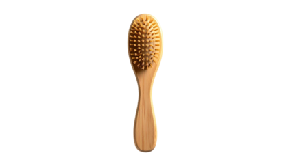 Wooden oval hair brush with natural bristles, handle, and isolated black backdrop