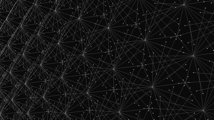 A wide-angle perspective of a complex network or mesh consisting of interconnected white dots and thin lines, resembling a digital constellation or a neural network. - Powered by Adobe