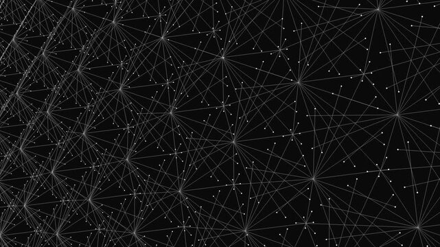 A wide-angle perspective of a complex network or mesh consisting of interconnected white dots and thin lines, resembling a digital constellation or a neural network.