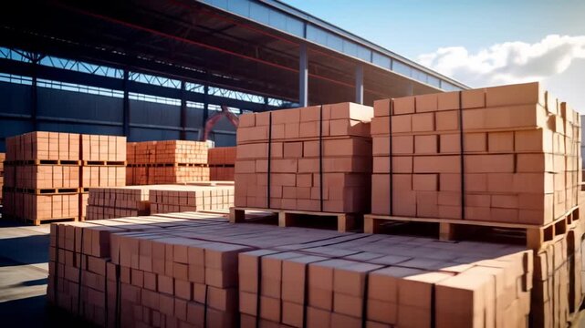 Stacks of new bricks arranged on wooden pallets inside a large industrial warehouse under bright sunlight.