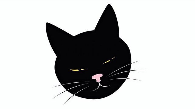 Black Cat Head Yellow Eyes Pink Nose Close Up White Background Simple