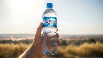 Hand Holding Plastic Water Bottle Outdoors.