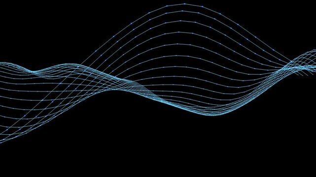 Fluid, blue-glowing wireframe waves ripple across a dark background, accented by small light points at the intersections of the mesh.