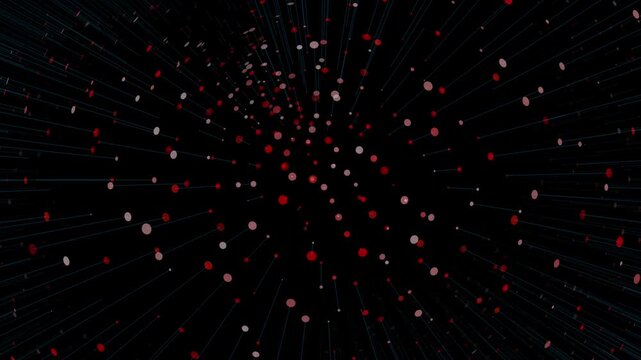 A cluster of red and pink circular nodes connected by thin lines, shifting and rotating in a dark space to form an organic, brain-like or neural network structure.
