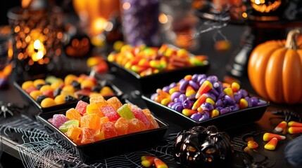 Dark-style Halloween candy display, colorful candies in black trays, pumpkin-shaped candies, spider web decorations, dark background with warm light