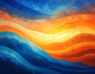 Abstract wavy lines transition from blues to oranges and yellows
