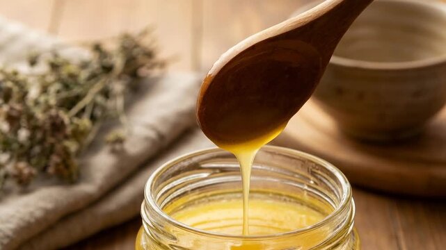 Golden honey dripping from wooden spoon into glass jar with herbal background showcasing natural sweetener and ancestral health benefits rustic