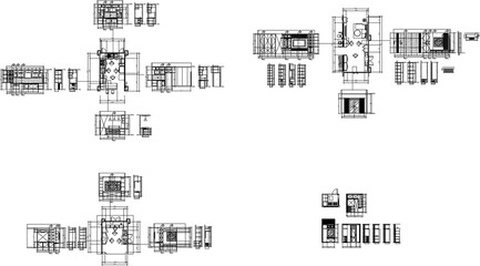 Interior Design Drawings of Multiple Spaces Including Kitchen Construction, Living Room with Built-in TV Cabinet, Home Office with Storage Shelves and Walk-in Closet