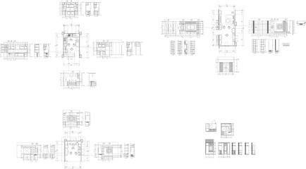 Interior Design Drawings of Multiple Spaces Including Kitchen Construction, Living Room with Built-in TV Cabinet, Home Office with Storage Shelves and Walk-in Closet