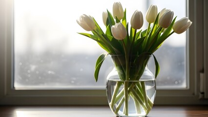 A beautiful arrangement of white tulips in a glass vase sits peacefully on a windowsill bathed in soft light