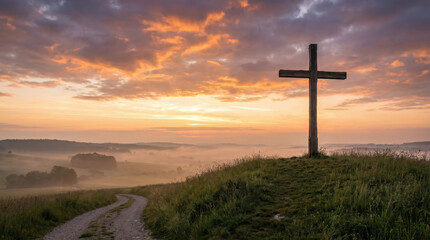 Wooden cross on hill with sunrise sky and foggy valley landscape hope