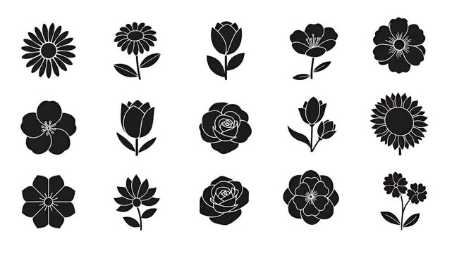 Black Silhouette Flower Collection Various Botanical Icons Set