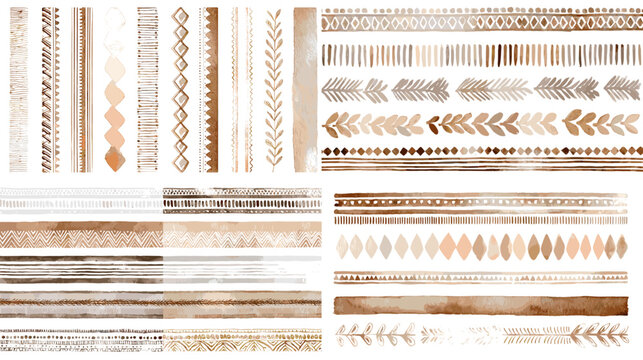 Decorative watercolor borders and ornamental dividers in earthy neutral tones, suitable for invitations, stationery, posters, scrapbooking, and elegant layout designs.