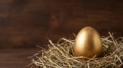 A golden Easter egg with hay on dark brown background.