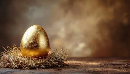 A golden Easter egg with hay on dark brown background.