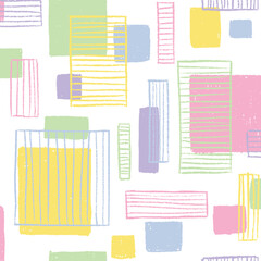 Vector Seamless Cute Childish Doodle Squares Pastel Geometric Pattern Hand-Drawn Crayon Texture
