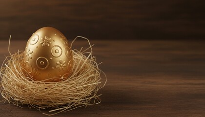 A golden Easter egg with hay on dark brown background.