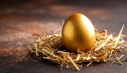 A golden Easter egg with hay on dark brown background.